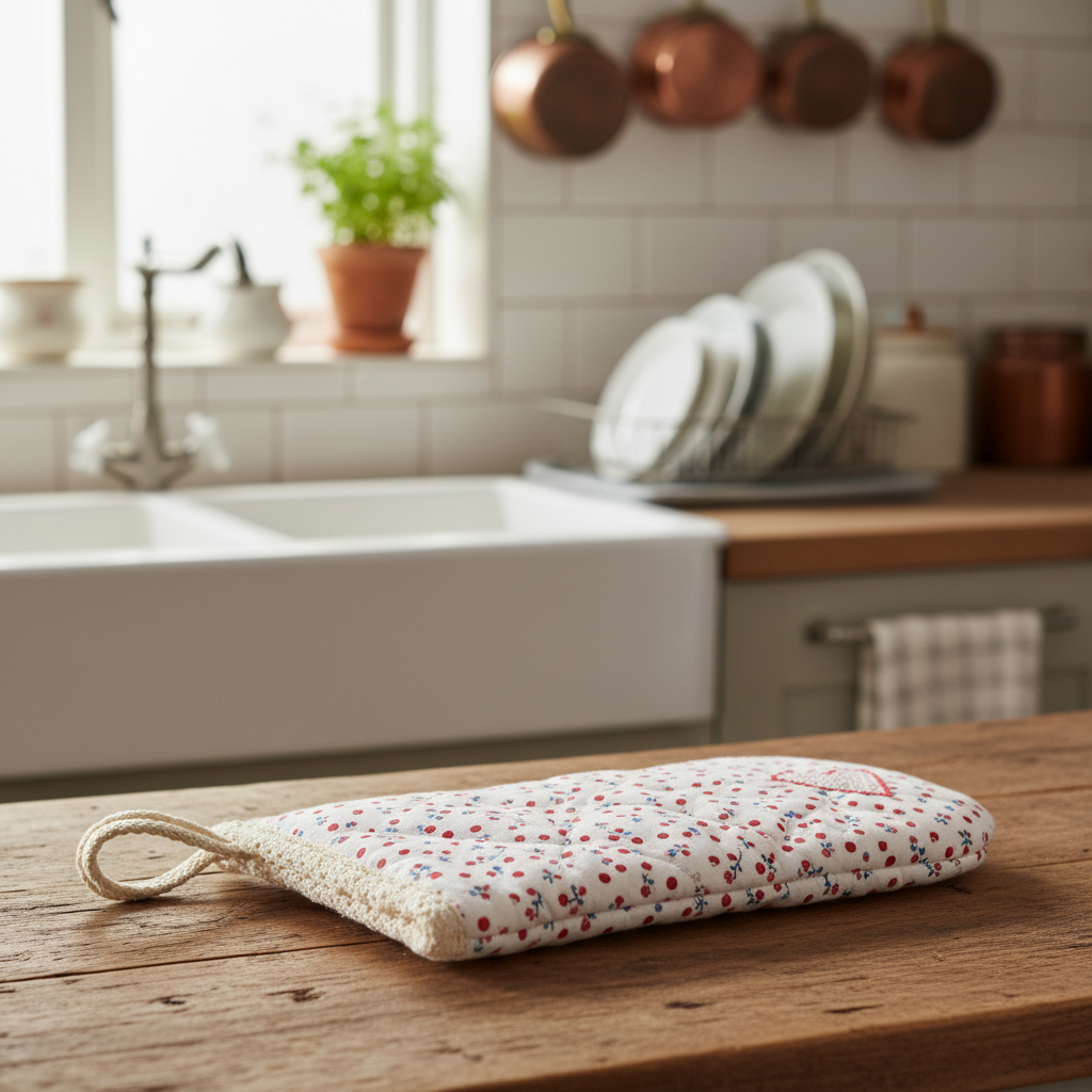 Vintage oven mitt on a rustic wooden kitchen counter