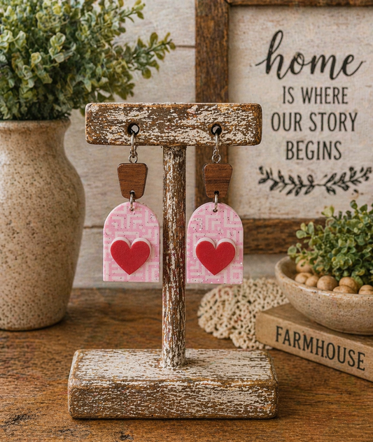 Wooden Earrings w/Acrylic Hears