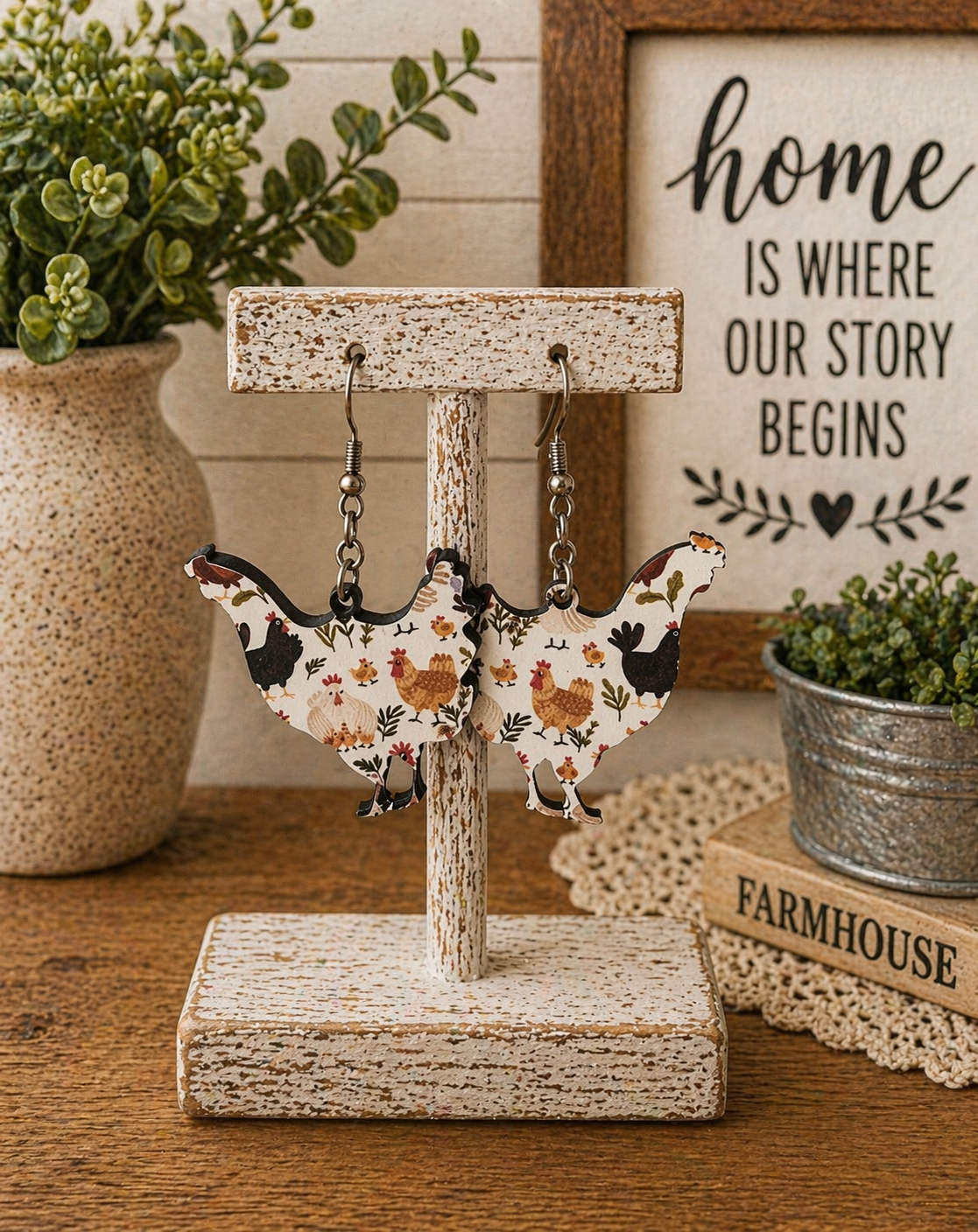 Wooden Earrings - Chicken Print