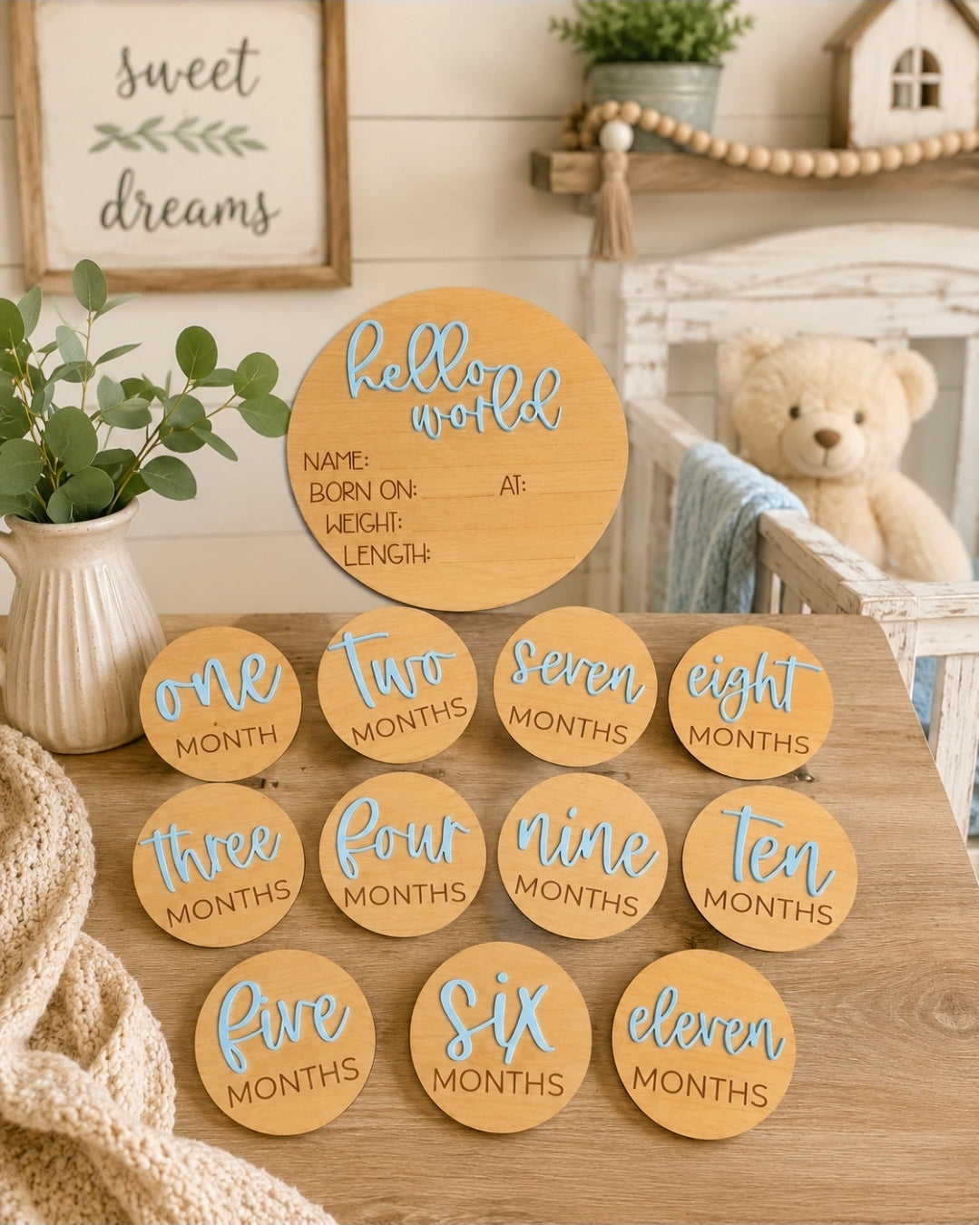 Birth Milestone Set – Maple Wood & Acrylic Monthly Milestone Discs